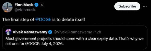 马斯克发文：美国“政府效率部”的最后一步是“自我删除”